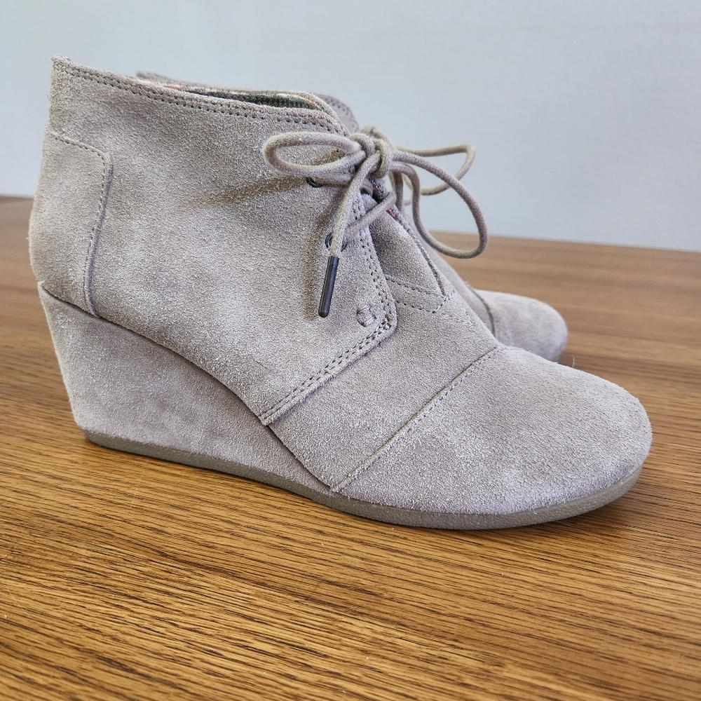 TOMS Desert Wedge Bootie in Taupe Suede, Lace-up, with Suede Heel.